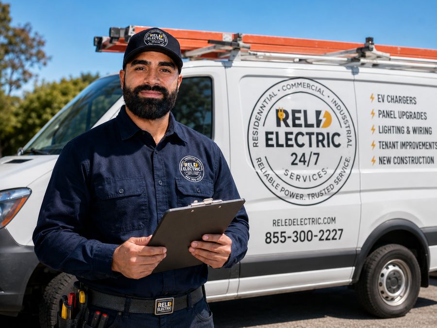 RELD Electric technician with clipboard in front of branded service van