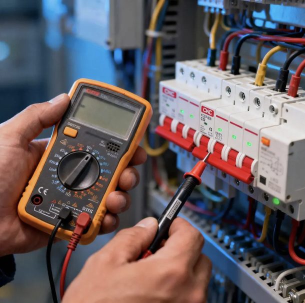 Electrician testing electrical panel with multimeter