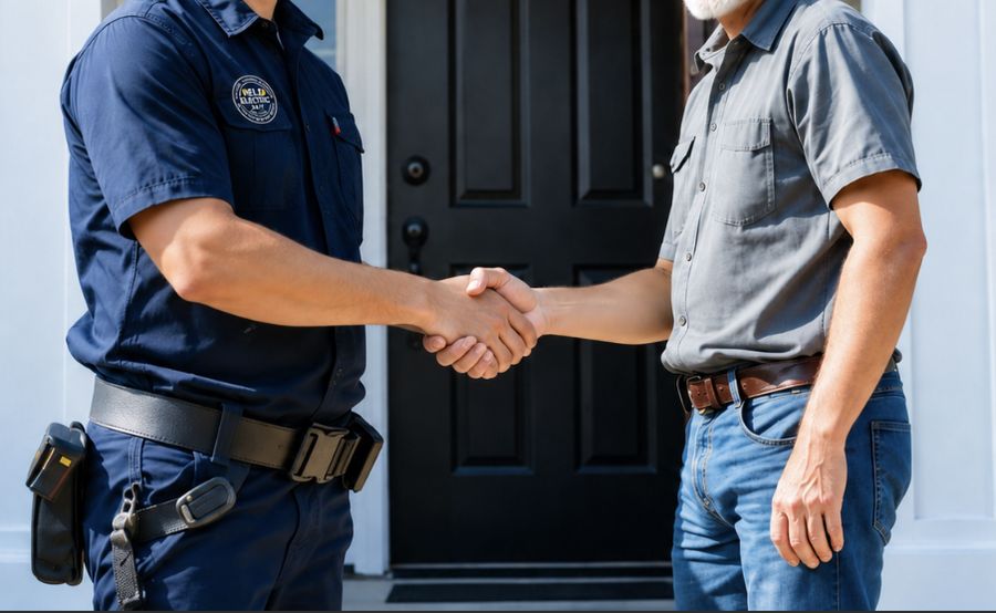 RELD Electric technician shaking hands with homeowner after completed project