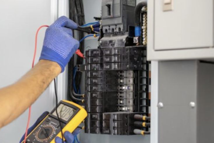 Electrician testing breaker panel voltage with a multimeter