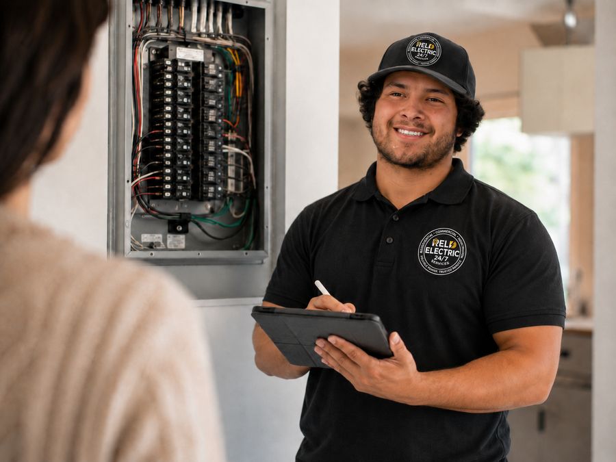RELD Electric technician evaluating a panel with a homeowner