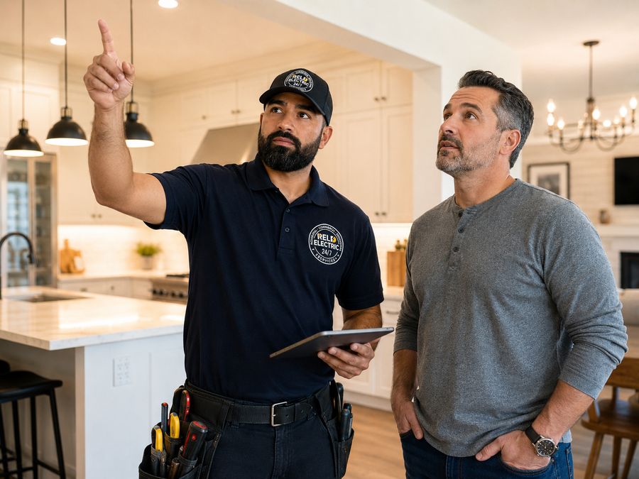 RELD Electric technician walking through completed work with homeowner