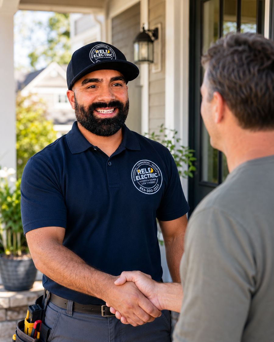 RELD Electric technician greeting a homeowner with a handshake